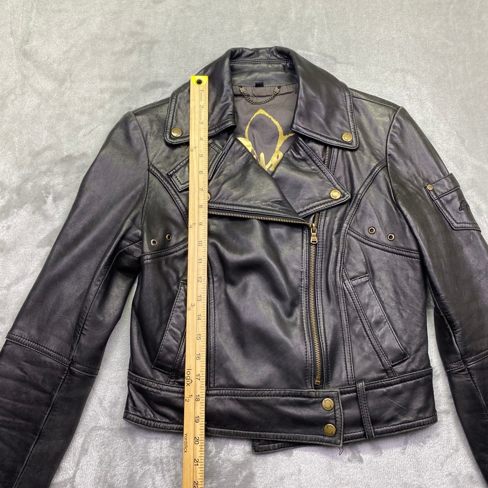 VTG Guess Womens Black Leather Moto Biker Jacket Asymmetrical Zip Brass Sz S/P - Picture 2 of 12